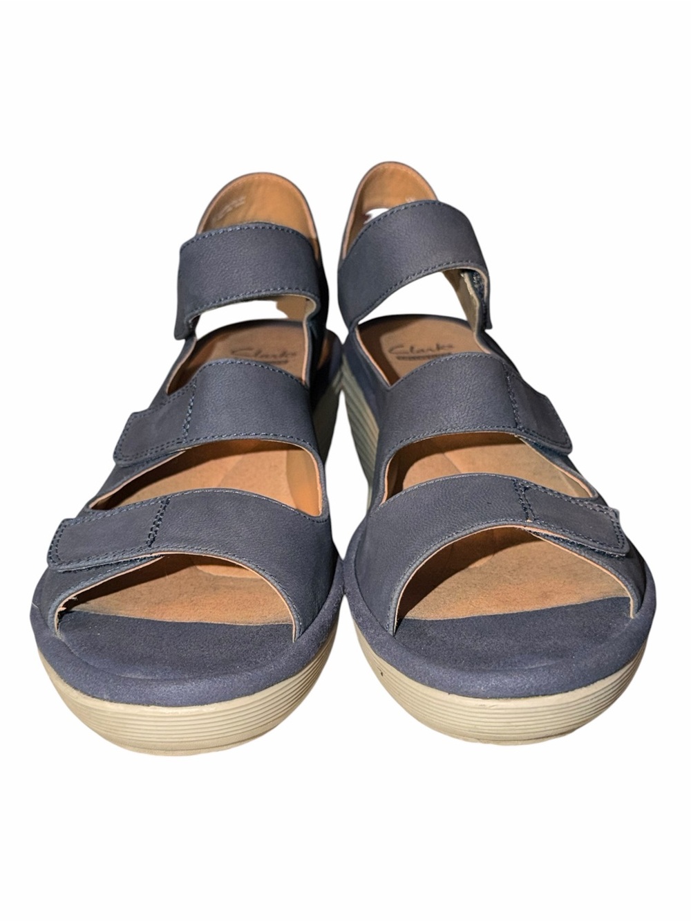 Clarks Reedly Juno Navy Nubuck Platform Wedge Comfort Soft Cushion Sandals 8.5 - Picture 9 of 10